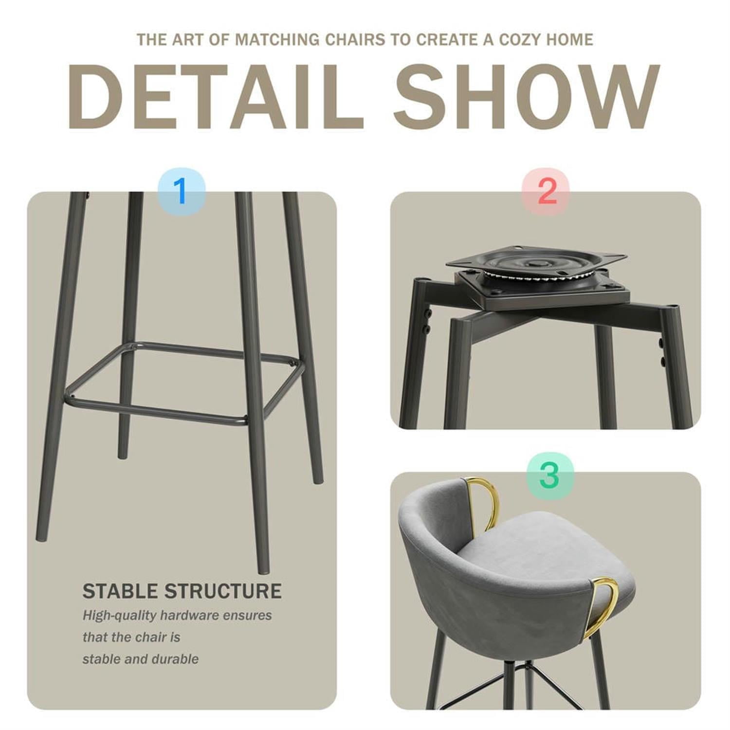 Demi Bonn 37" Counter Height Bar Stools Set of 2, Velvet Swivel Barstools with Back, Kitchen Island Countertop Chairs for Dining Room, Gray