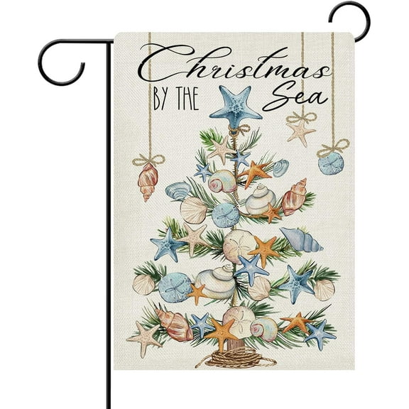 diyeu Christmas Tree Beach Decorative Garden Flag, July Coastal Christmas by the Sea Conch Starfish Yard Outside Home Decoration, Summer Xmas Holiday Outdoor Small Decor Double Sided 12 x 18