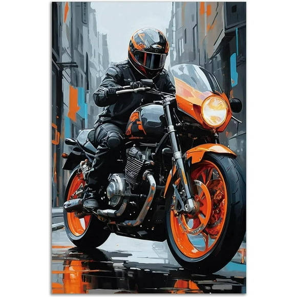 Street Motorcycle Art Poster, 16x24 Inches Unframed Canvas Cool Graffiti Art Print for Man Cave Living Room Bedroom Decor, Gift for Motorcycle Enthusiasts Poster