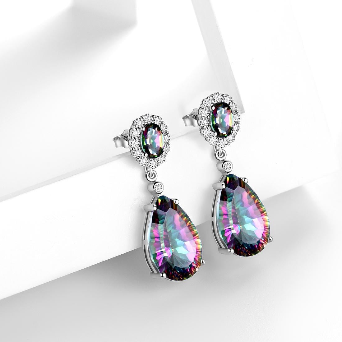 Juwaliy 10CT Teardrop Dangle Earrings Women Rainbow Mystic Topaz Stud Earring 925 Sterling Silver Jewelry Birthday Christmas Mother's Day Gift for Her