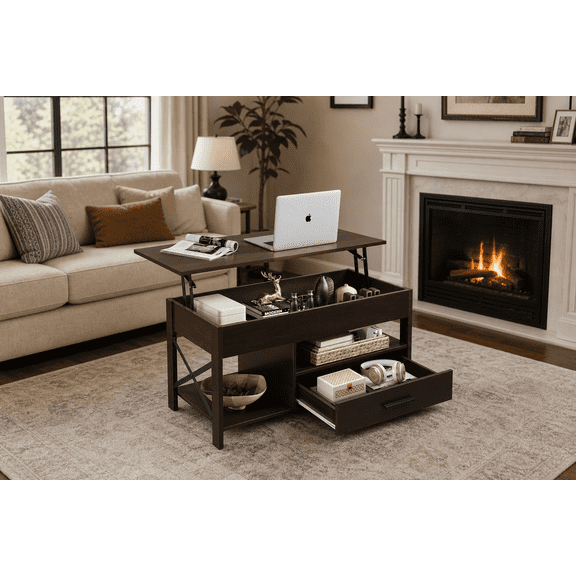 GALAXHERO Coffee Table, 39" Lift Top Coffee Table with Hidden Compartment, Storage Drawers and Storage Shelf for Living Room, Reception Room, Espresso