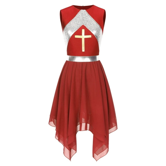 YiZYiF Lyrical Praise Dance Costumes Women Liturgical Dancewear Cross Worship Dress Tunic Burgundy S
