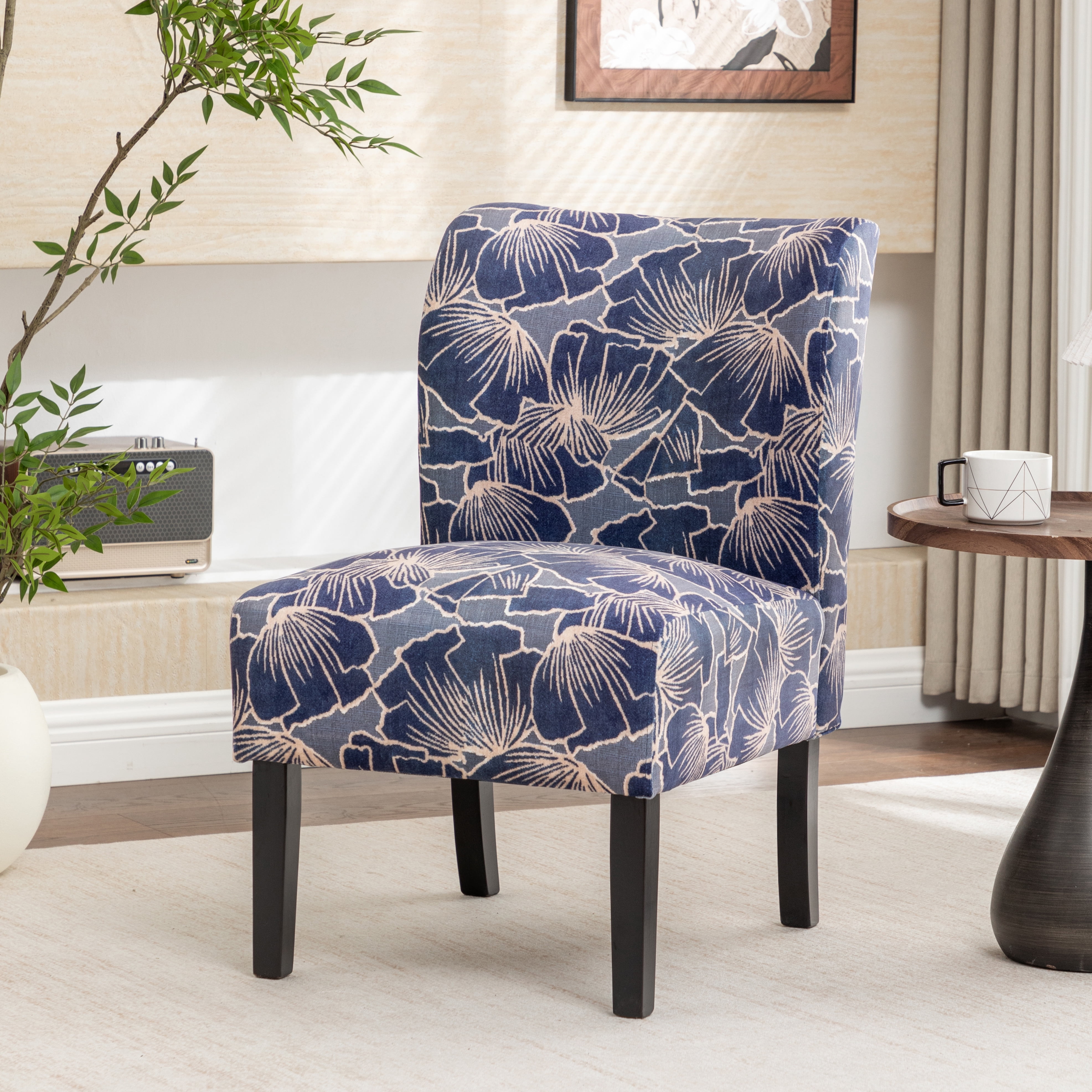 Roundhill Furniture Capa Print Fabric Armless Contemporary Accent Chair, Indigo Botanical Floral