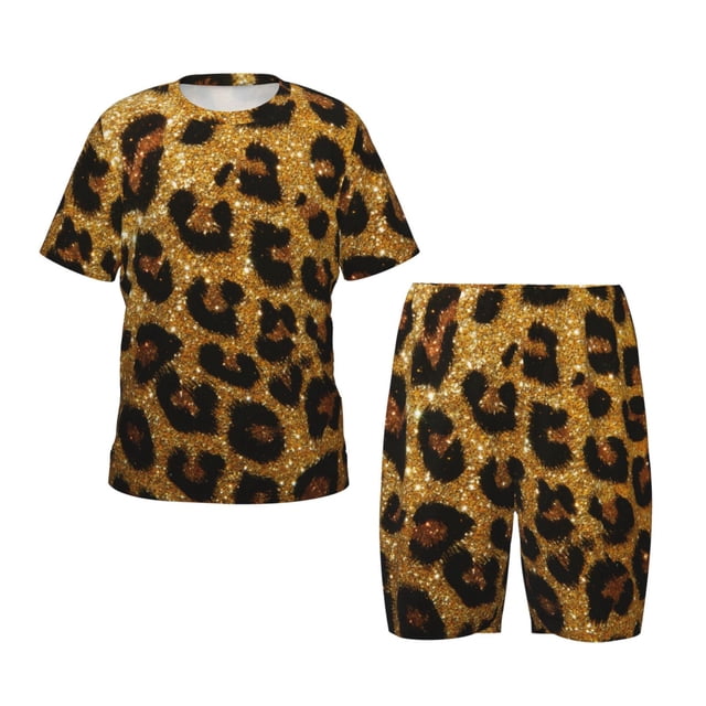 Fotbe Golden Leopard Glitter Pijama Estampada de 2 Piezas para Niños – Ropa de Dormir de Manga Corta Cómoda para Niños y Niñas, Camiseta y Shorts de Algodón-4X-Large