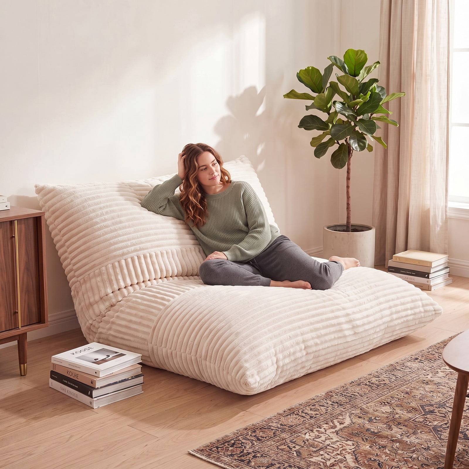 Furnibear 3-in-1 Large Bean Bag Chair, Convertible Corduroy Lounger Sofa Bed with Soft Sponge Fill and Zip-Off Washable Cover for Living Room Bedroom Dorm, Beige