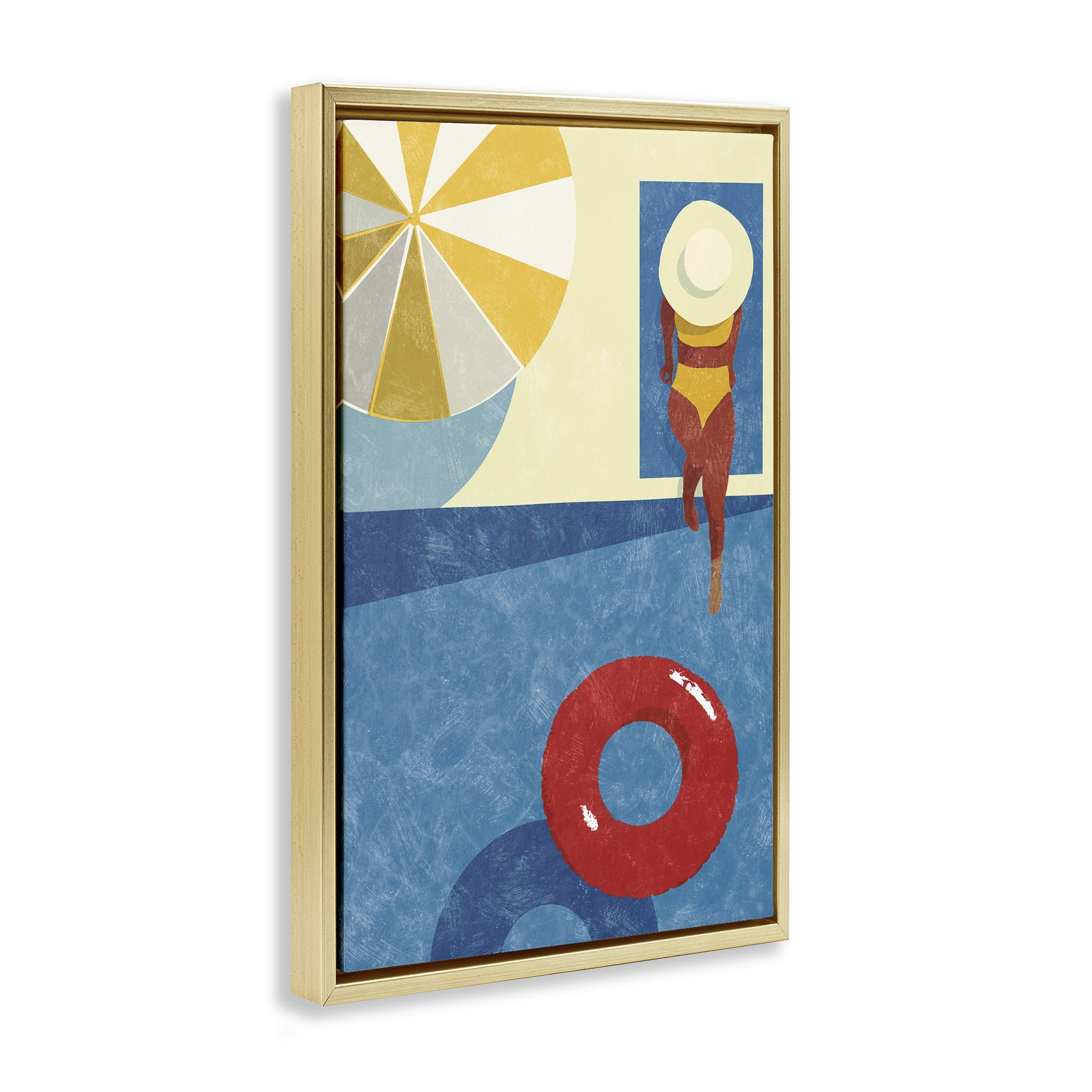 Stupell Industries Summer Poolside Girl Novelty Painting Gold Floater Framed Canvas Art Print Wall Art, 17 x 25