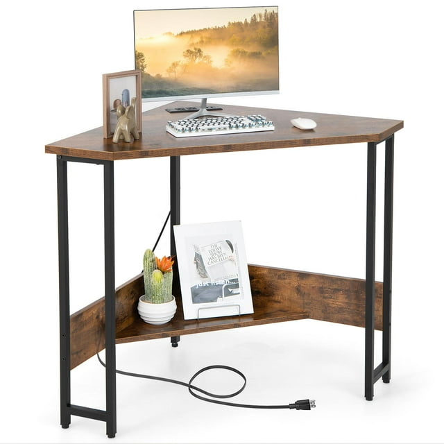 Giantex Corner Desk w/Power Outlet, 90-degree Triangle Computer Desk for Small Space, Space-saving Writing Desk, Laptop PC Desk for Home Office, Brown