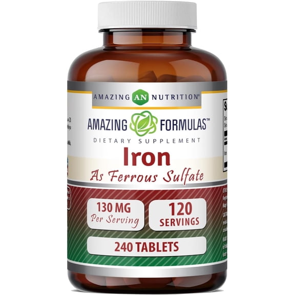 Amazing Formulas Iron as Ferrous Sulfate 130 Mg Per Serving 240 Tablets Supplement | Non-GMO | Gluten Free