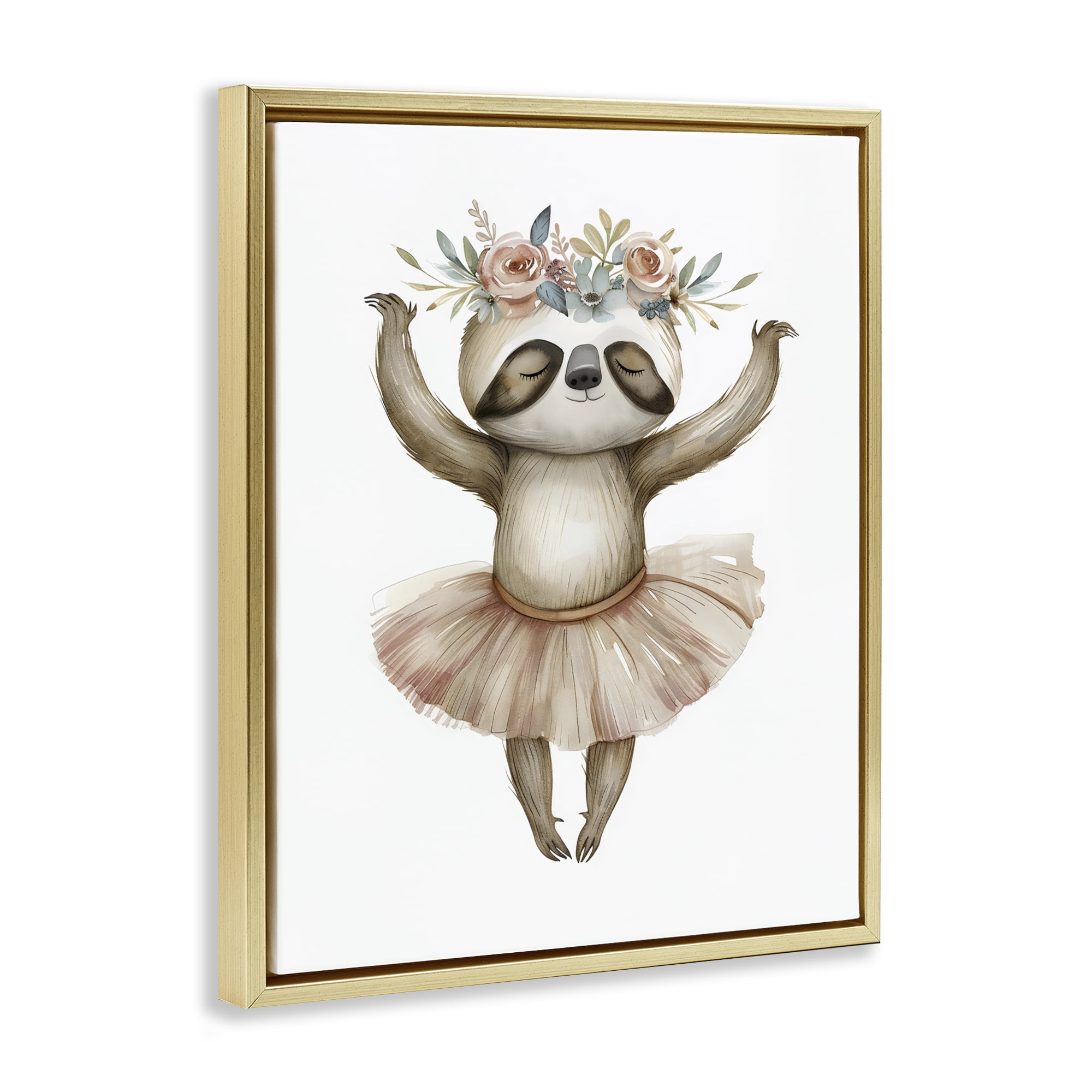 Stupell Industries Dreamy Sloth Ballet with Flowers Gold Framed Floater Canvas Wall Art, design by LSR Design Studio