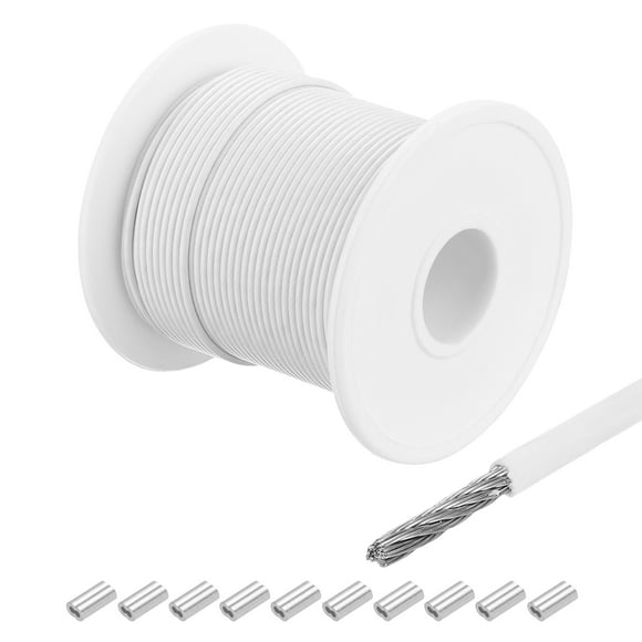 Cuerda de alambre Uxcell de 100 pies (30 m) de cable de acero inoxidable 304 recubierto de vinilo de 3/64" (1 mm) con 10 piezas de manguitos de aluminio blancos