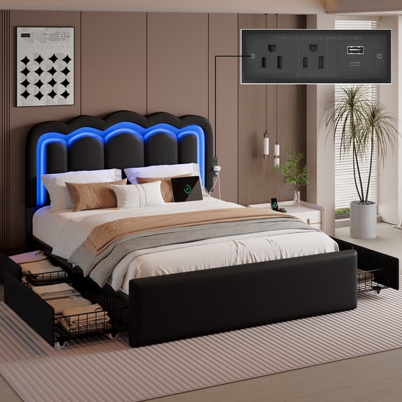 Queen Size Bed Frame with 4 Storage Drawers and LED Lights, Upholstered Platform Bed with Adjustable Chic Double Wavy Headboard, Charging Station, Metal Slats Support, No Box Spring Needed, Black