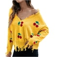 thumbnail image 1 of CEHVOM Pull Court Ample à Col en V Imprimé Fruits pour Femmes avec Franges 2023 Liquidation, 1 of 3