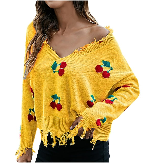 CEHVOM Pull Court Ample à Col en V Imprimé Fruits pour Femmes avec Franges 2023 Liquidation