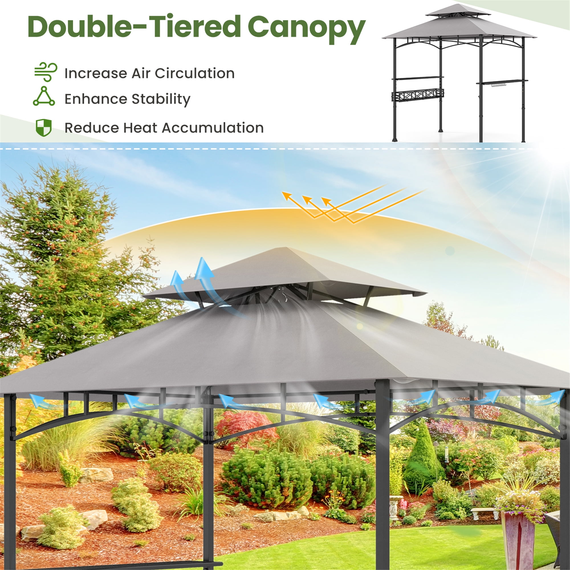 Gymax 8 x 5 FT BBQ Grill Gazebo w/ 2 Side Shelves Storage Basket Hanging Hooks Outdoor