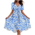 thumbnail image 4 of Smsaxvxz Dresses for Women Fashion Floral Printed V Neck Short Sleeve Bandage Pleated Knee Length Sundress Beach Summer Dresses Light Blue M, 4 of 7