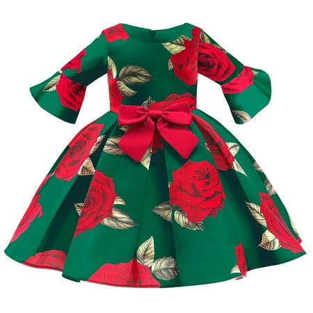 

OLLUISNEO 5-6 Years Little Girls Dress Long Trumpet Sleeve Floral Party Formal Dress Green
