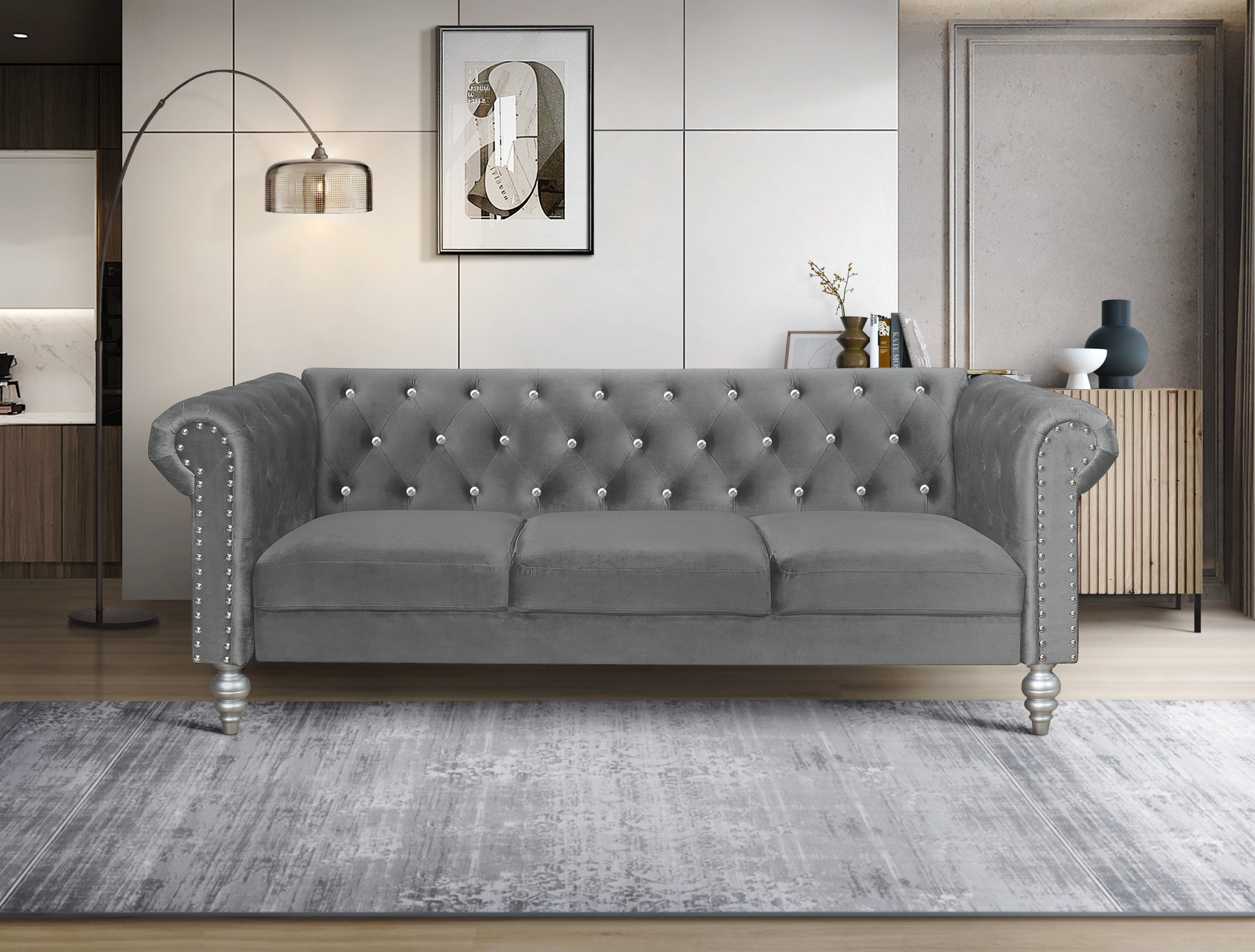 Home Design Emma Contemporary Velvet Rolled Arm Chesterfield Sofa with Diamond Button Tufted Back and Nailhead Trim, Wood-Turned Legs, Modern Luxury, Gray