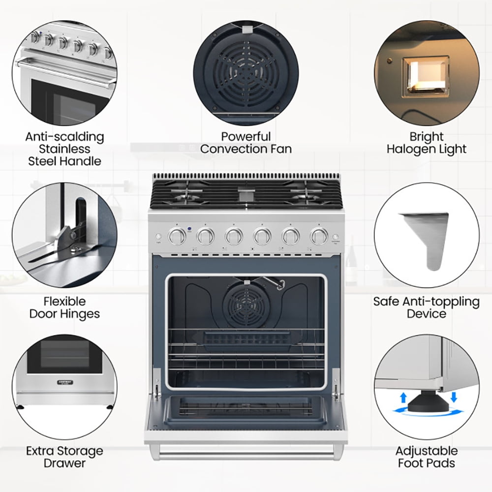 Resenkos 30 Inches 120V Natural Gas Range with 5 Burners Cooktop, Convertible Gas Burner for Kitchen, Stainless Steel