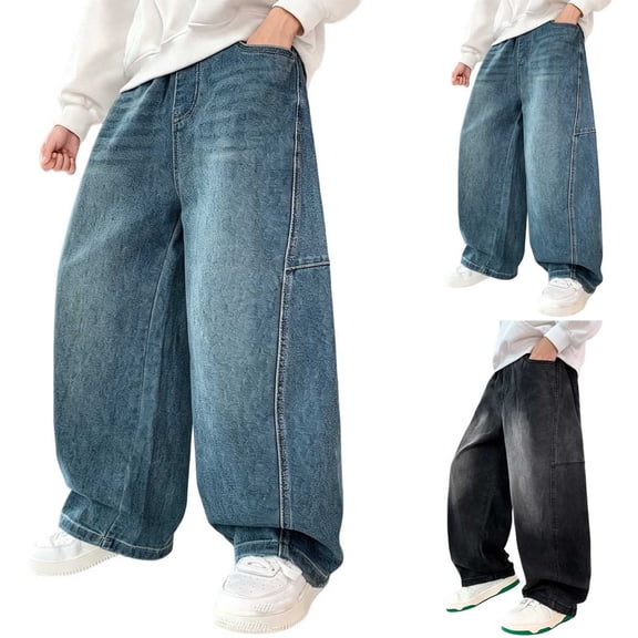 MKOSPLRT Distressed Jeans for Boy Elastic Waist Baggy Straight Wide Leg Denim Pants Vintage Washed Streetwear Jean with Pocket 7-17 Years