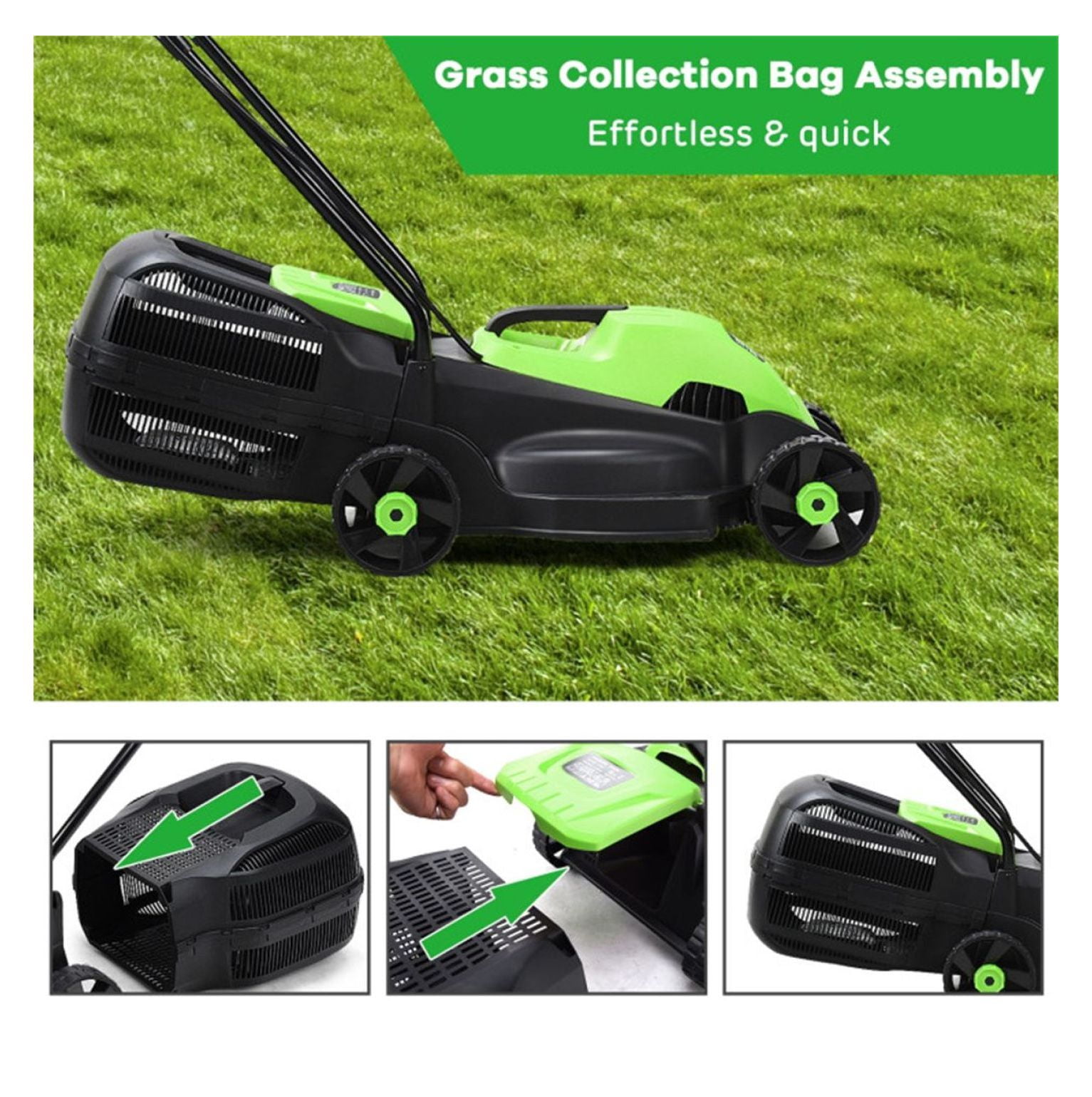 13-Inch Electric Lawn Mower, 8 Gal Grass Collection, 3 Height Settings, Lightweight 15.5LBS Push Mower for Garden, Green
