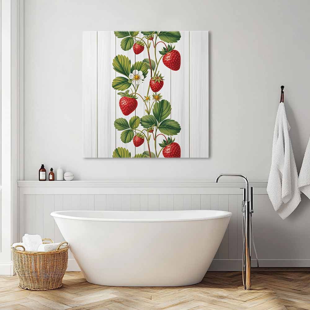 Strawberry Canvas Wall Art, Vintage Country Strawberry Leaf White Wood Grain Framed Wall Decor Modern Artwork Prints Painting for Living Room, Bedroom, Kitchen & Cafe Decor 16x16 Inch