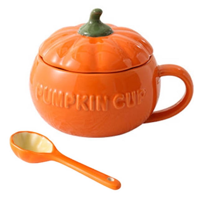 Cute Ceramic Tea Cup Halloween Pumpkin Design Orange Color Ceramic Material Lid Spoon Included Microwave Dishwasher Safe Multifunctional for Coffee Soup Candy Bowl Festival Gift