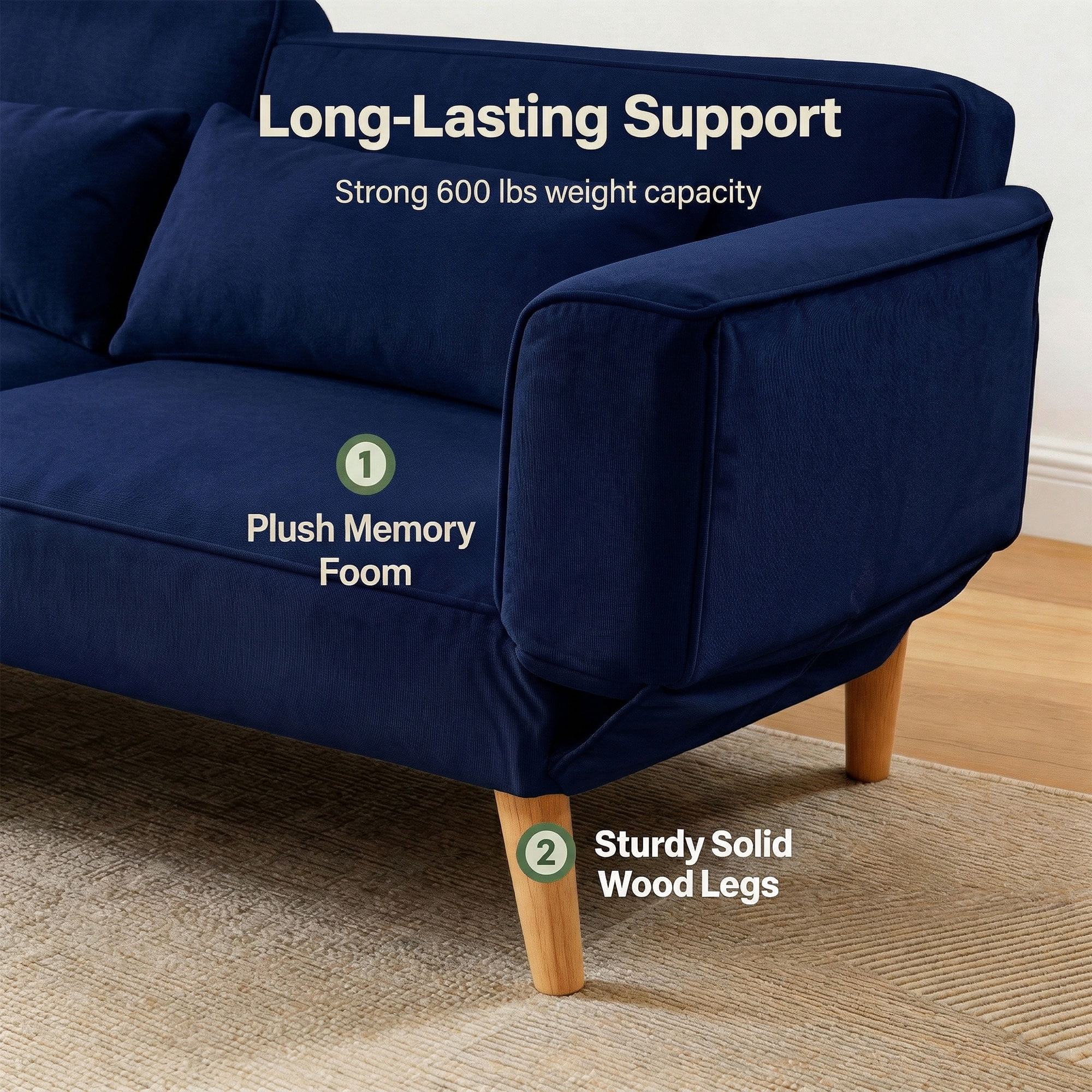 CARZZI LIFE Futon Sofa Bed, Sleeper Sofa, Small Velvet Couch with 5 Adjustable Armrests 3 Splitback Settings 600 LBS Capacity Easy Assembly for Living Rooms Apartments Guest Rooms, Navy Blue