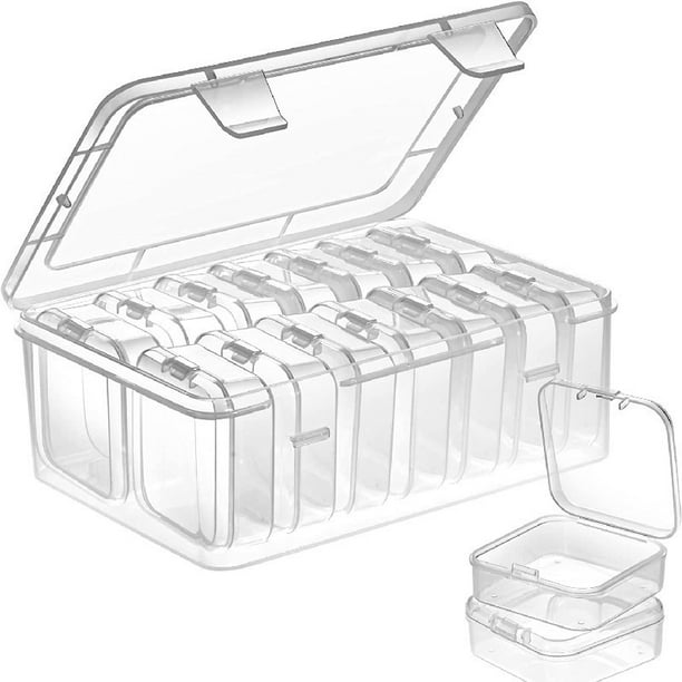 14 pequeñas cajas de almacenamiento de plástico con tapas, con 1 recipiente de plástico grande, mini caja de almacenamiento transparente para cuentas, tapones para los oídos, anillos, botones, joyas