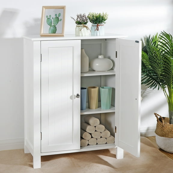 ZENSTYLE White Wooden Bathroom Floor Cabinet Storage Cupboard 3 Shelves Save Space