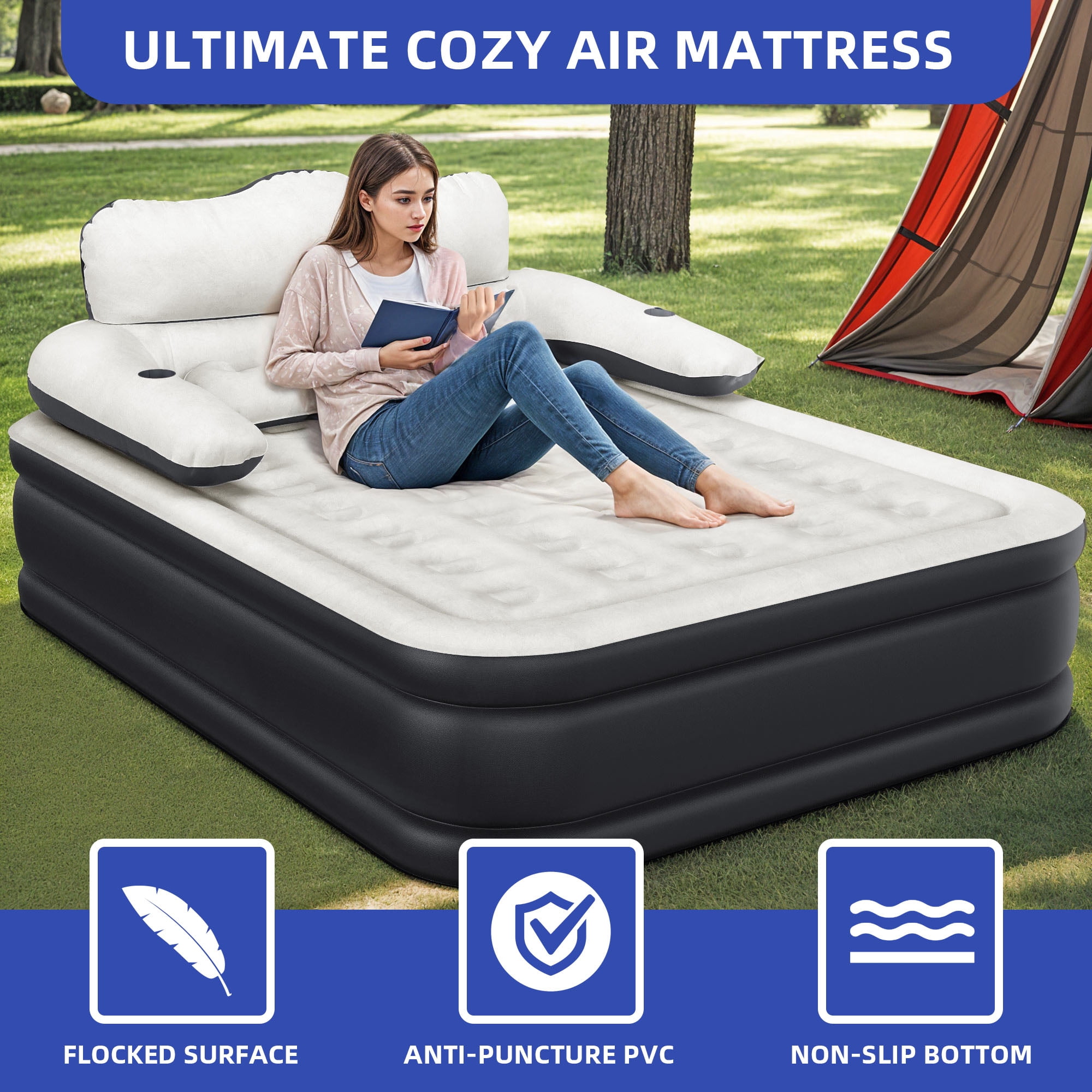 Uforic Queen Size Air Bed with Detachable Headboard & Integrated Pump, 18in Inflatable Mattress with Accessories for Home, Outdoors, and Travel