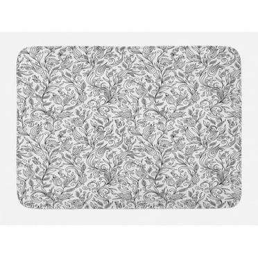 Floral Bath Mat, Flowers Swirls Ivy with Leaves Eastern Modern Paisley Inspired Image Sketch Art, Non-Slip Plush Mat Bathroom Kitchen Laundry Room Decor, 29.5 X 17.5 Inches, Black and White, Ambesonne