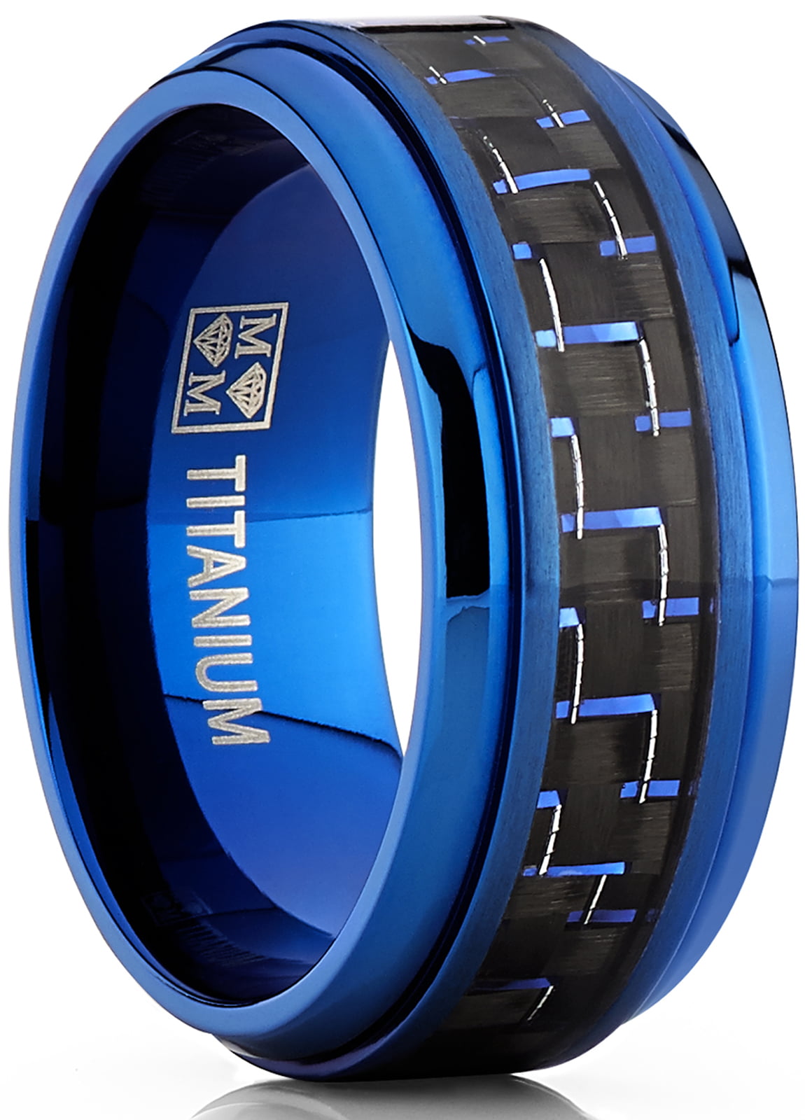 Men's Blue Titanium Wedding Bands Ring With Black and Blue Carbon Fiber ...