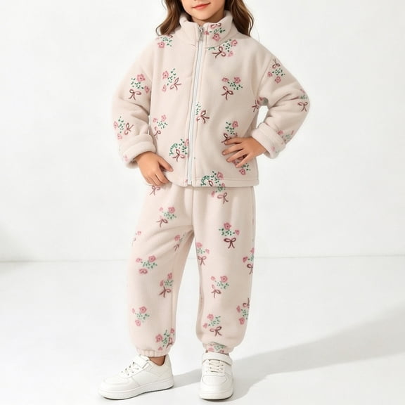 YUANxueke Girls 2 Piece Sherpa Fleece Outfit Sets, Floral Print Stand Collared Jacket & Fuzzy Warm Pants, Cute Fashion Clothing Sets