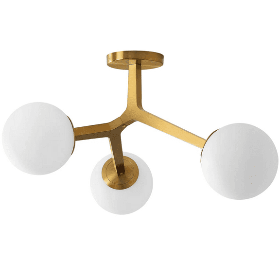 3-Light Gold Modern Chandelier Glass Semi Flush Mount Ceiling Light with Globe Milky Frosted Glass Shade E12 Sputnik Ceiling Light for Kitchen Hallway Light Fixture