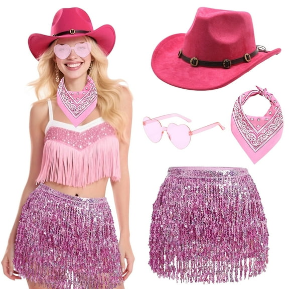 Alaiyaky Western Cowgirl Costume for Women,Western Cowgirl Hat with Bandana Heart Glasses Sequin Skirt, Themed Hen Night Ladies Cowgirl Fancy Dress Accessories Halloween Cosplay Dress Up