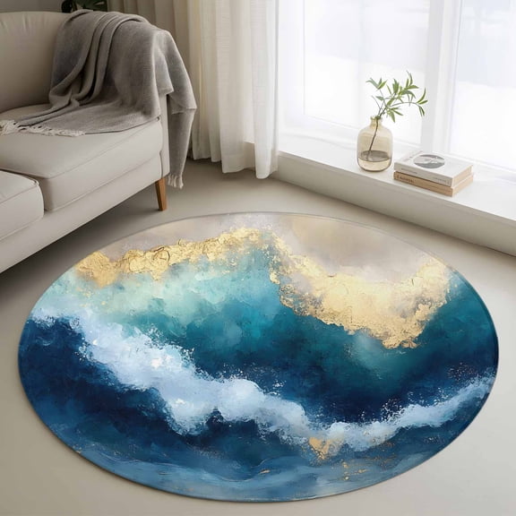 Round Rugs 3Ft, Teal Blue Ombre Round Area Rug Washable Indoor Throw Carpet, Modern Oil Painting Art Abstract Small Non Slip Circle Rug for Bedroom Living Room Home Decor Aesthetic