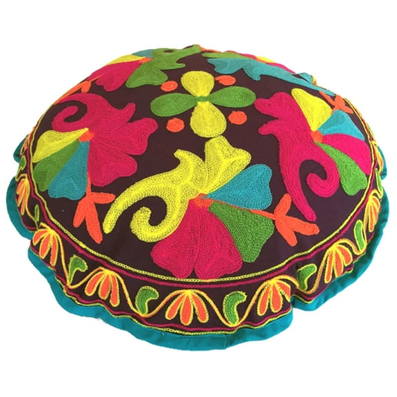 Stylo Culture Ethnic Floor Pillow Cushion Cover Traditional Sujani Embroidered Boho Seating Colorful 18x18 Small Decorative Round Decor Seating Tuffet Seat Pouf Cover Footstool Cotton Floral 1 Pc