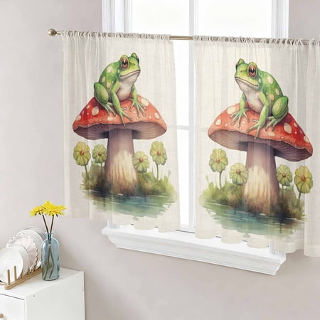 Mushroom Frogs Semi Sheer Curtains 45 Inch Length 2 Panels Set Spring Floral Green Botanical Rustic Sheer Kitchen Curtain Privacy Voile Window Curtain for Living Room Bedroom Rod Pocket Drapes