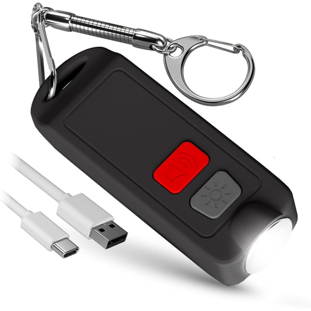 Llavero de alarma personal de autodefensa para mujeres - USB recargable impermeable 130 dB botón de seguridad de pánico Silbato de sirena con luz led - (negro)