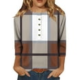 thumbnail image 2 of EchfiProm Plaid Tops for Women Brown Pullover 3/4 Sleeve Crew Neck Y2k Womens T-Shirt Relaxed Fit, 2 of 7