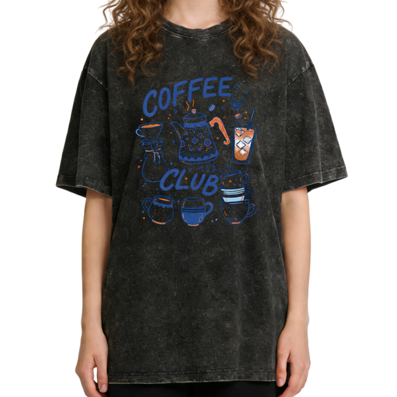 UNISHE Women's Coffee Club Retro Line Art Washed Black Tee Crewneck Short Sleeve