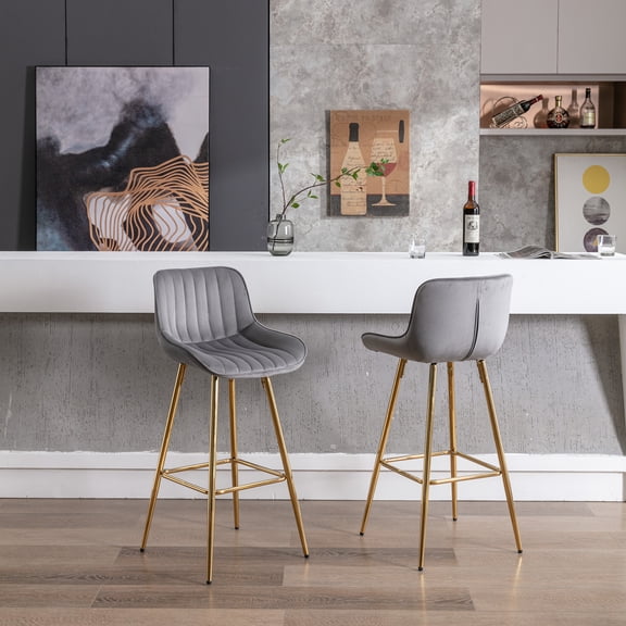 Nmkwnr 2 Pack Velvet Bar Stools with Metal Leg, Upholstered Barstools for Living Room, Dining Room, Bar, Gray, 30"