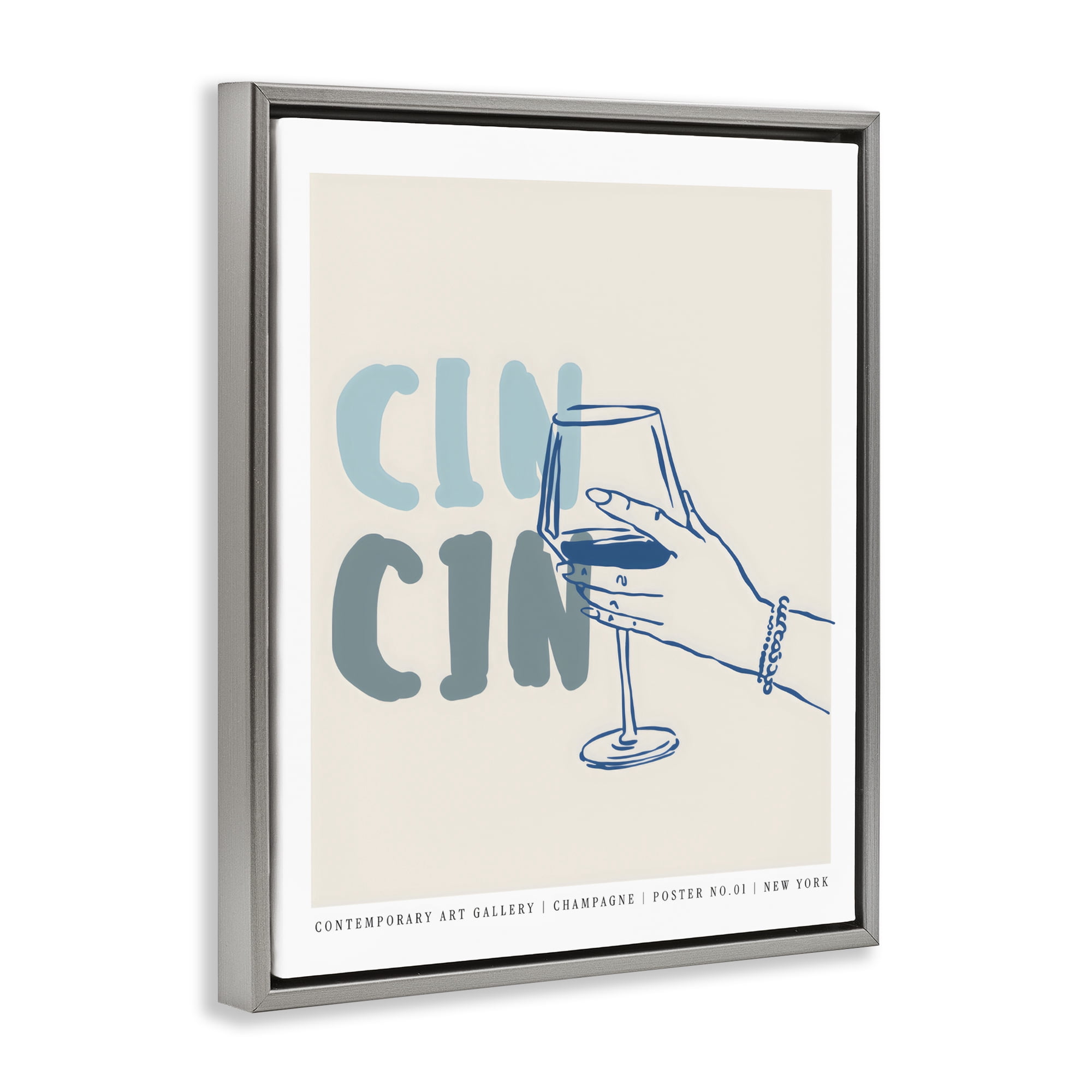 Stupell Industries Cin Cin Blue Champagne Toast Gray Framed Floater Canvas Wall Art, design by The Prints Vibe