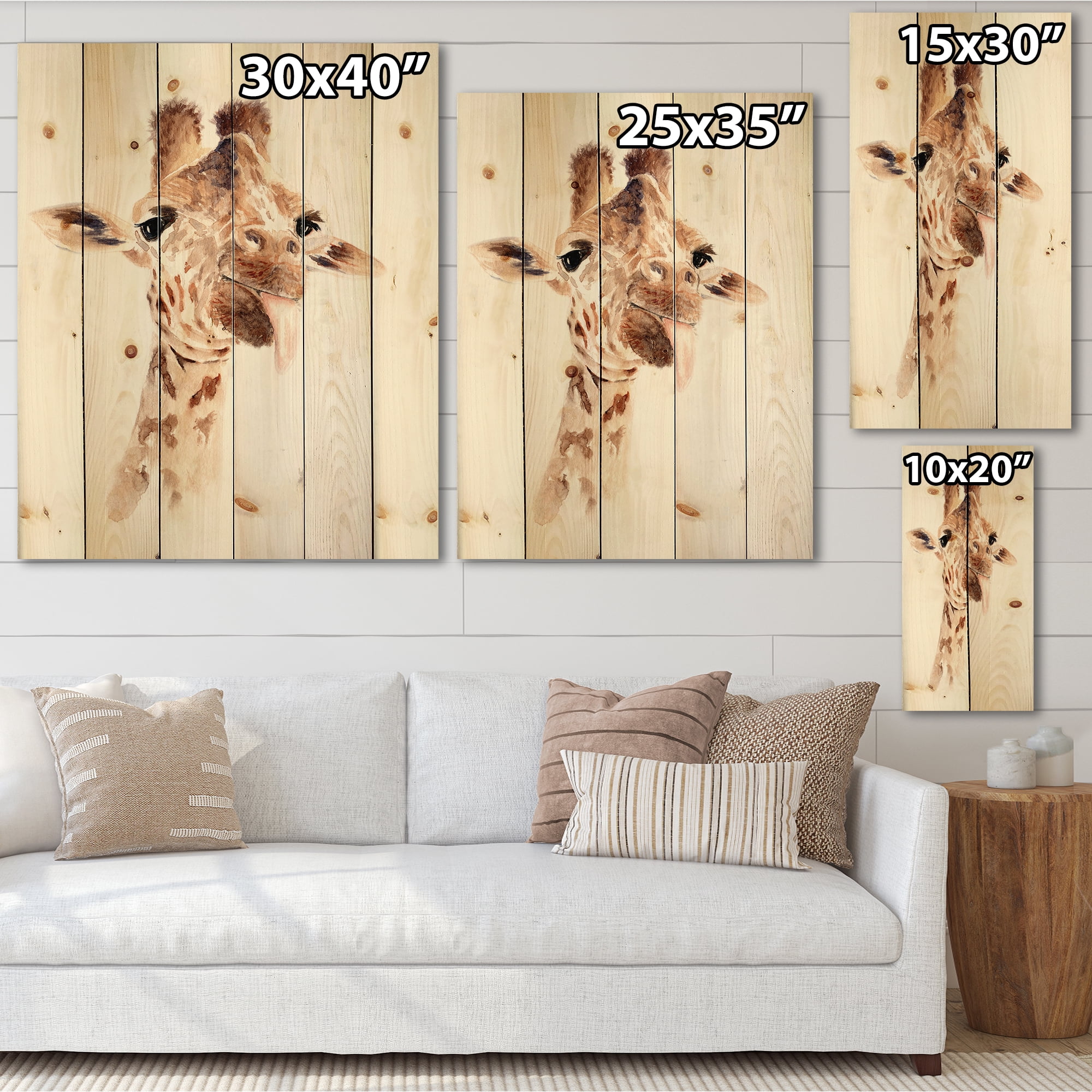 Designart 'Close Up Portrait of A Giraffe X' Farmhouse Print on Natural Pine Wood