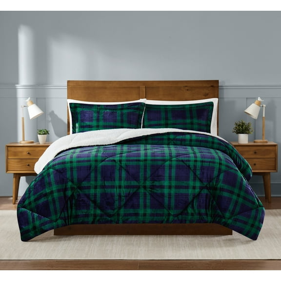 Truly Soft Cuddle Warmth Tartan Plaid 100% Microfiber Polyester 3 Piece King Comforter Set in Blue and Green, All Season, Adult Size, OEKO-TEX Certified