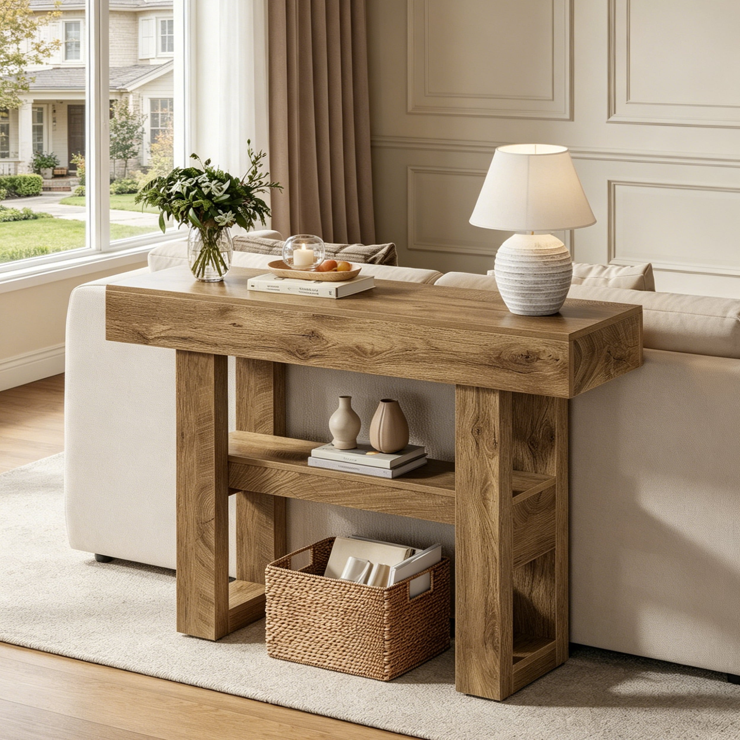 Fnova 41.34" Farmhouse Console Table, Narrow 2-Tier Wood Entryway Table with Storage Shelf, Sofa Table for Living Room, Hallway, Behind Couch, Light Brown