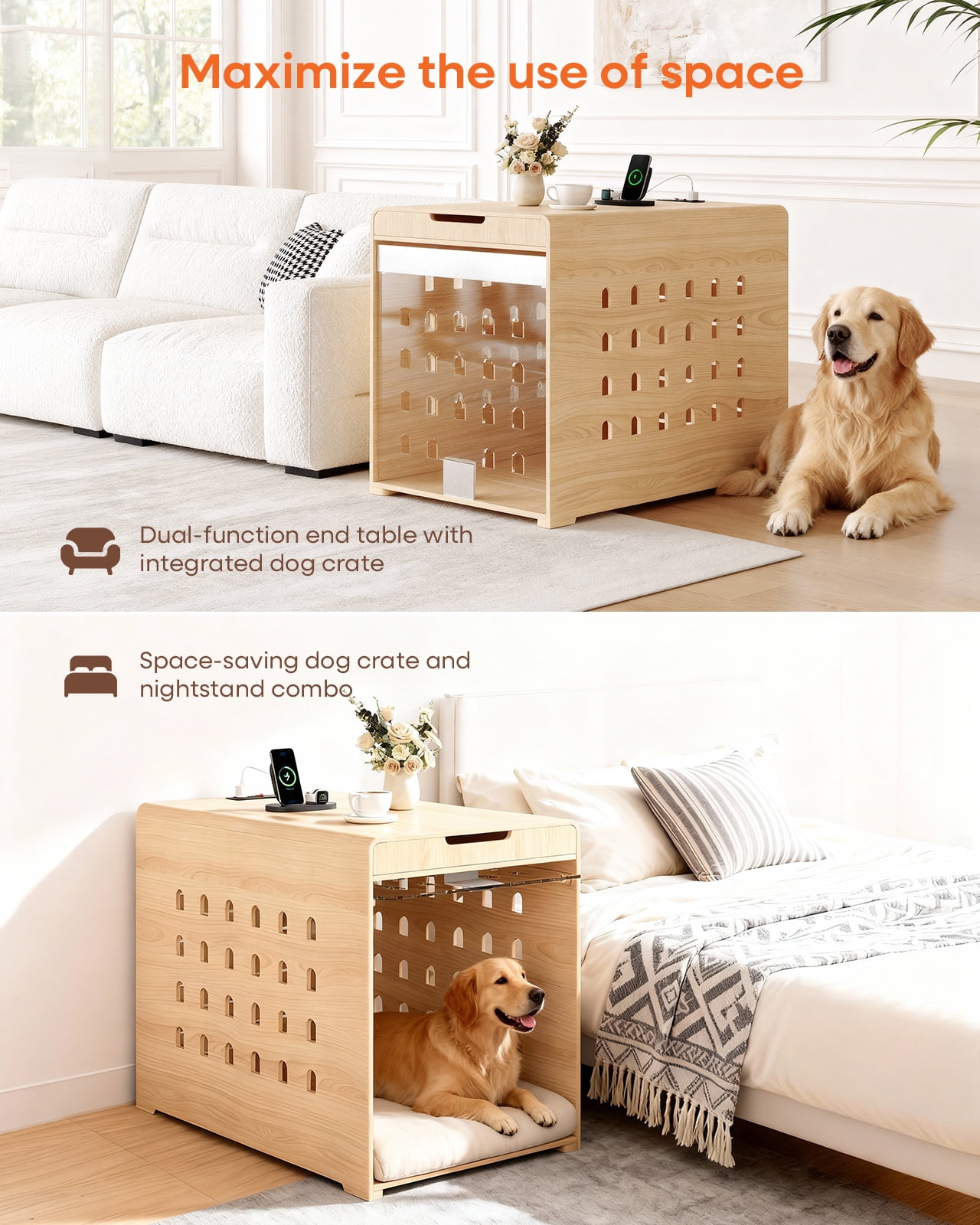 Furnibear Modern Dog Crate Furniture with Charging Station, Multifunctional Side End Table Indoor Kennel with Hidden Door for Small and Medium Dogs Breeds up to 55lb,Oak