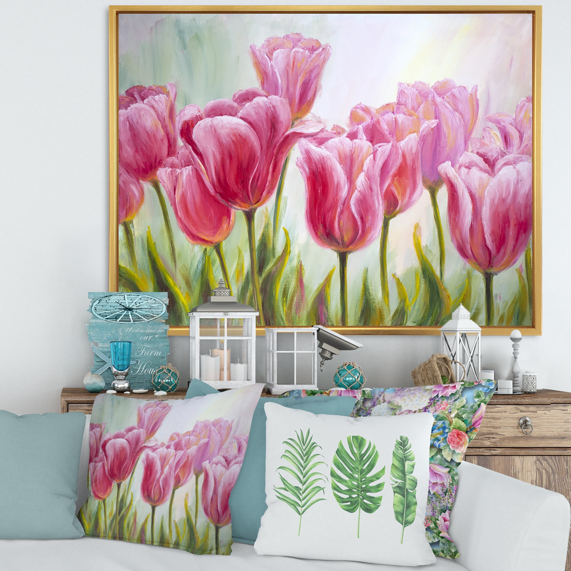 Designart 'Blossoming Red and Pink Tulips Flowers ' Traditional Framed Canvas Wall Art Print