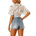 thumbnail image 3 of Unique Bargains Hauts Courts Smockés à Manches Courtes Évasées à Fleurs pour Femmes, Col en V, Blanc L, 3 of 6