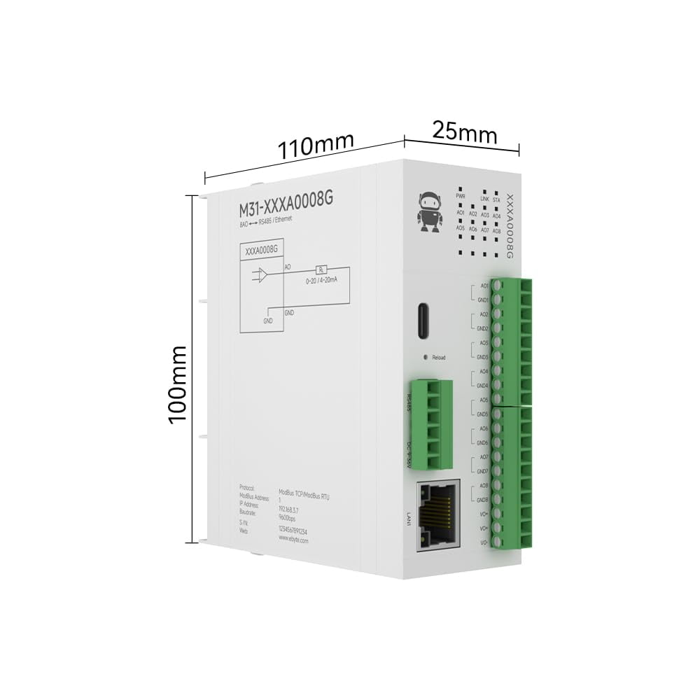 8AO Switching Analog Remote IO Module RS485 Ethernet 0-20mA/4-20mA M31-XXXA0008G Modbus Easy Expansion DC 9-36V